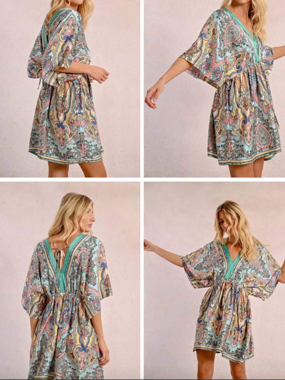 Festival Boho Paisley SHORT KIMONO STYLE DRESS - Teal Multi - OS - 70% SILK - Picture 16 of 17